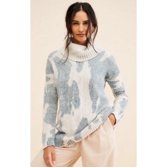 Anthropologie Sweaters - Anthropologie Pilcro Cowl Neck Blue Grey+Cream Sz M Cable Knit Spotted Sweater